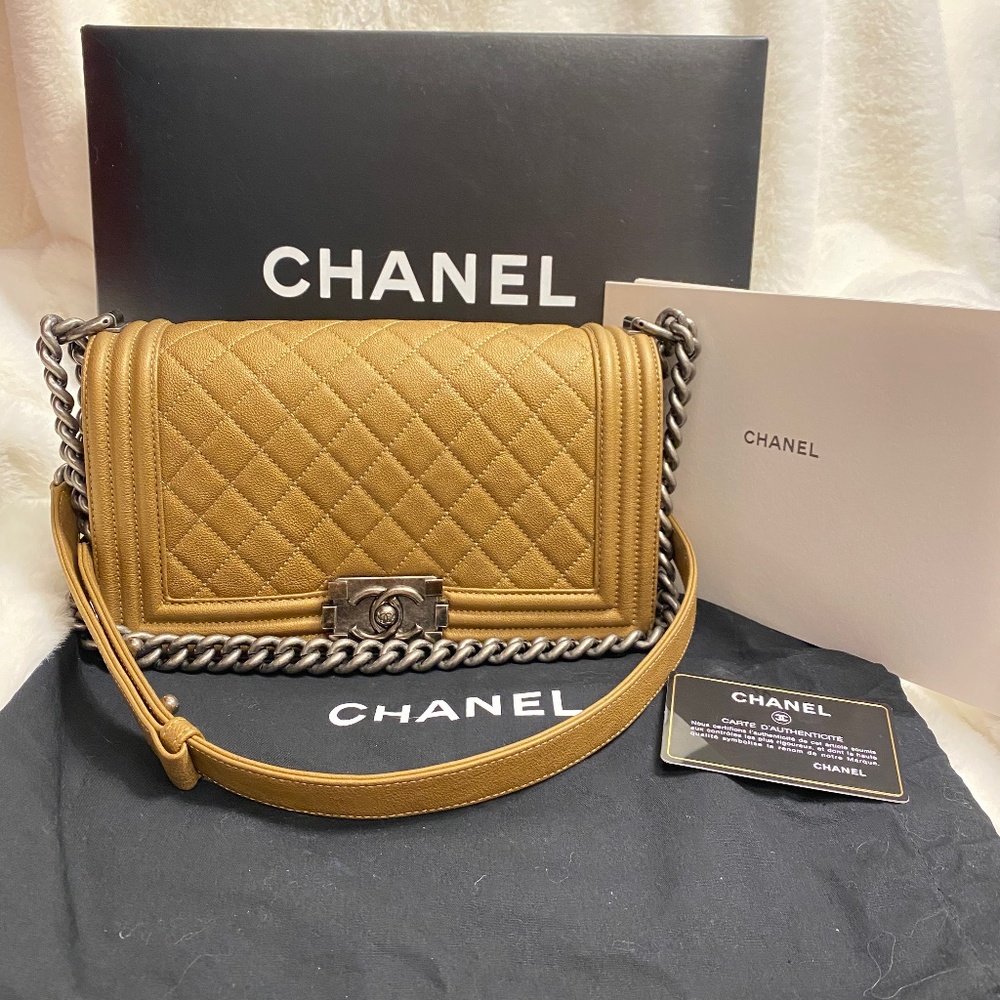 Authentic Chanel calfskin old medium boy in tan color